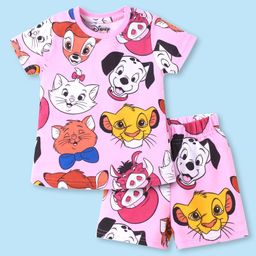 Babyhug Disney Single Jersey Knit Half Sleeves Co-ords Shorts Night Suit with Disney Character Graphics - Light Pink-picture-24