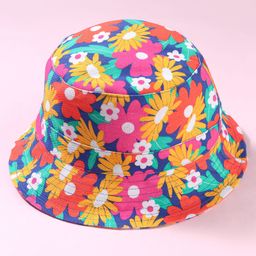 Babyhug Cotton Woven Two Layer Bucket Hat with Floral Print Blue - Diameter 17.5 cm-picture-3
