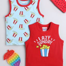 BUMZEE Cotton Knit Sleeveless Vests With Pop Corn Print Pack Of 2 - Red & Light Blue-picture-12