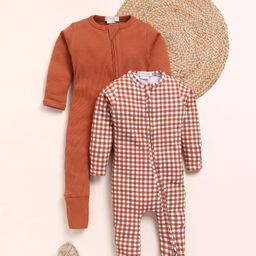 Cot & Candy Organic Cotton Knit Pack Of 2 Full Sleeves Solid & Checked Sleepsuits - Rust Orange-image-10