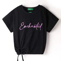 UCB Cotton Knit Half Sleeves T-Shirt with Text Embroidery & Diamond Embellishment - Black-image-0