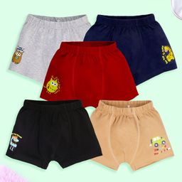 Kiddopanti Cotton Pack Of 5 Giraffe & Mini Monster Printed Boxers - Navy Blue Grey Melange Beige Red & Black-image-1