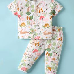 ToffyHouse Cotton Knit Front Open Half Sleeves Co-Ord Night Suit with Floral Print - White-image-48