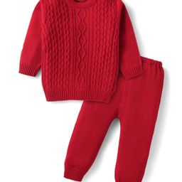 Babyhug Knitted Full Sleeves Solid Color Sweater Set with Cable Knit Design - Red-image-68