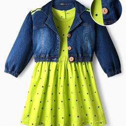OLLINGTON ST. Cotton Full Sleeves Denim Jacket & Polka Dot Printed Knit Dress - Blue & Lime Green-picture-16
