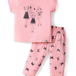 Teddy Sinker Knit Half Sleeves Night Suit with Butterfly Print - Pink-image-97
