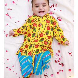 KID1 Cotton Woven Full Sleeves Peacock Feathers Printed Dhoti Kurta Set - Yellow & Blue-image-32