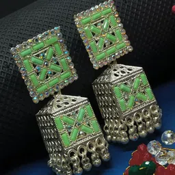 Soniya Crafts Silver-Plated Artificial Stones Studded Ghungroo Beaded Dome Shaped Jhumkas-1