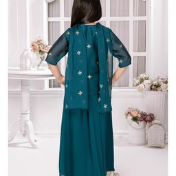 Tiny Kingdom Georgette Floral Embroidered Sequins Embellished Top Palazzo With Three Fourth Sleeves Jacket & Dupatta Set - Blue image 3