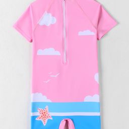 Mark & Mia Half Raglan Sleeves Printed Legged Swimsuit with Mermaid Print - Pink image 2
