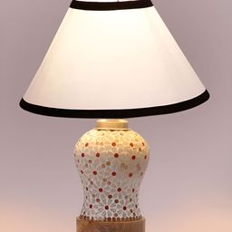 Devansh White & Red Printed Wooden Frustum Shaped Table Lamp With Mosaic Glass Base image 3