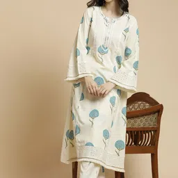 Anouk Women Floral Printed Regular Thread Work Pure Cotton Kurta with Palazzos-48