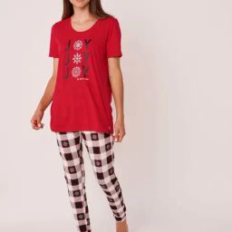La Vie En Rose Red & White Cotton Printed Top & Pyjama Set-image-28