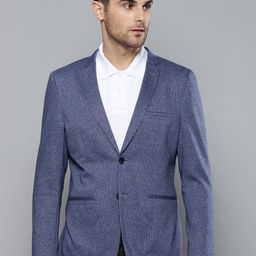 Louis Philippe Sport Men Blue Self-Design Super Slim Fit Single-Breasted Pure Cotton Blazer-image-86
