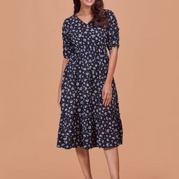 Fashfun Women Floral Print Puff Sleeve Fit & Flare Midi Dress-13