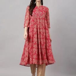 Janasya Pink Floral Print Flared Kurta-28