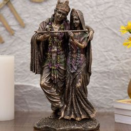 CraftVatika Bronze-Toned & Green Radha Krishna Love Couple Idol-image-19