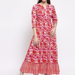 Indibelle Women Red & White Printed Fit and Flare Dress-image-2