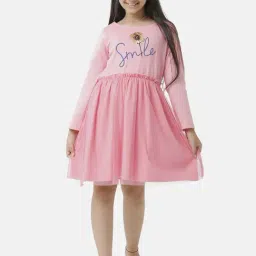 Under Fourteen Only Kids Pink Cotton Embellished Full Sleeves Dress-image-97