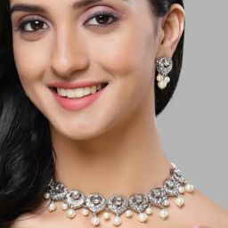 Karatcart Silver Plated Heart Shape Kundan and Pearl Studded Necklace Set for Women-14