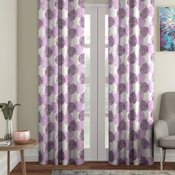 Cortina Purple & White Set of 2 Leaf Printed Long Door Curtains-17