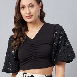 Marie Claire V-Neck Sequined Puff Sleeves Cotton Crop Top-picture-17