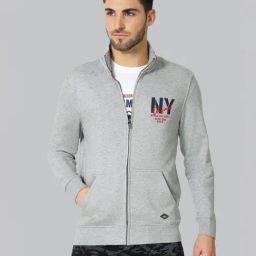 Van Heusen Regular Fit Zip Front Full Sleeve Solid Sweatshirt - Grey Melange-9