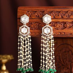 Priyaasi Gold-Plated Kundan Stone Studded & Pearls Beaded Tasselled Drop Earrings-18