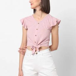 VASTRADO Pink Cotton V Neck Crop Top-picture-30
