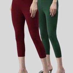Kryptic Maroon & Green Cotton Soild Crop Length Leggings - Pack Of 2-image-80