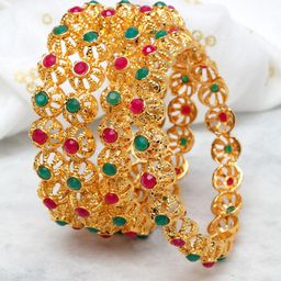 Shining Diva Set of 4 Gold-Plated Green & Red Stone-Studded Bangles-image-83