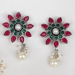 Teejh Ethnic Eesha Dark Green and Pink Silver Oxidized Drop Earring-11
