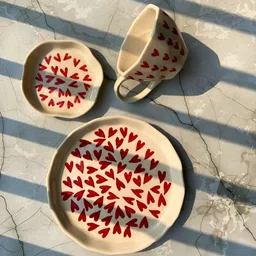WEAVING HOMES 3Pc Red & White Printed Ceramic Mugs & Plates-11