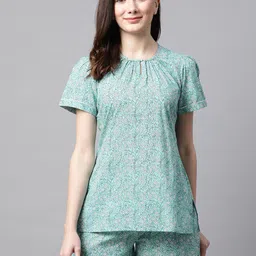 Meeranshi Women Sea Green Pure Cotton Printed Nightsuit-image-9