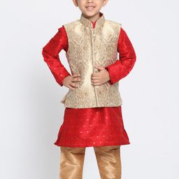 VASTRAMAY Boys Maroon & Gold Kurta With Jacket & Pyjama Set-36