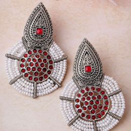 KARATCART Silver-Plated Kundan Beaded Teardrop Shaped Oxidised Drop Earrings-43
