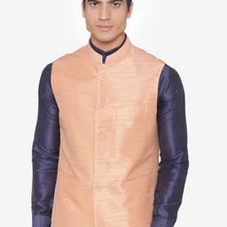 MANQ Men Peach-Coloured Solid Nehru Jacket-57