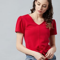 Athena Red Knotted Top With Puff Sleeves-image-21