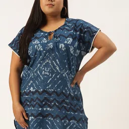 Rute Women Plus Size Navy Blue & White Geometric Print Tie-Up Neck Extended Sleeves Top-image-82