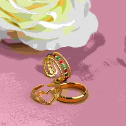 PALMONAS Set Of 3 Heart Enamel Gold-Plated Stone-Studded Adjustable Finger Rings-picture-3