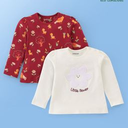 Babyoye 100% Cotton Eco Conscious Full Sleeves T-Shirts With Embroidery & Floral Print Pack of 2- White & Red-image-50