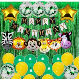 Bubble Trouble 36 Pcs Jungle Safari Theme Birthday Decoration Kit with 6 Animals Face Foil Balloons Happy Birthday Banner & HD Confetti Metallic Balloons Decoration Combo Kit - 36 Pieces-picture-22