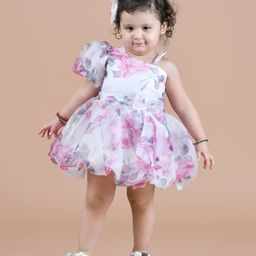 TitritOne Side Shoulder Organza Balloon Style Party Frock -White-image-5