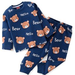 Babyhug Single Jersey Knit Full Sleeves Teddy Printed Night Suit - Navy Blue-image-66