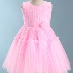 Bluebell Net Sleeveless Floral Corsage & Pearl Embellished Pleated & Tiered Detailing Party Frock - Pink-image-4