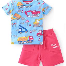 Babyhug Cotton Knit Half Sleeves Construction Vehicles Printed T-Shirt & Shorts Set - Blue & Red-image-75