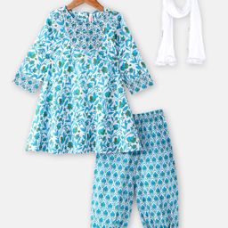 Babyhug 100% Cotton Woven Three Fourth Sleeves Kurti Salwar & Dupatta Floral Print - Blue-image-36