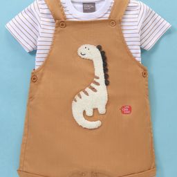 Little Kangaroos 100% Cotton Knit Dungaree with Half Sleeves Inner Tee Dino Applique - Khaki-picture-34