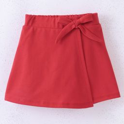 CrayonFlakes Solid & Bow Detailed Flapped Cotton Lycra Skort - Red-image-54