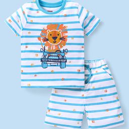 Babyhug Cotton Knit Half Sleeves Striped Night Suit Lion Print - Blue-image-91